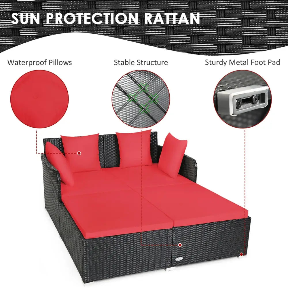 Spacious Outdoor Rattan Daybed with Upholstered Cushions and Pillows-Red - Red - Outdoor Sectionals