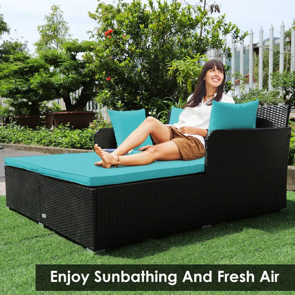 Spacious Outdoor Rattan Daybed with Upholstered Cushions and Pillows-Turquoise - Turquoise - Outdoor Sectionals