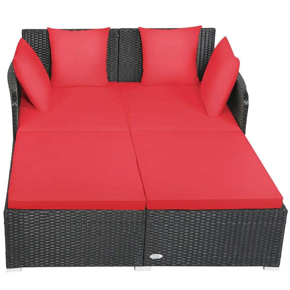Spacious Outdoor Rattan Daybed with Upholstered Cushions and Pillows-Red - Red - Outdoor Sectionals