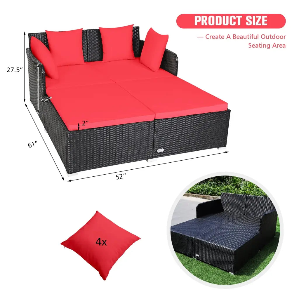 Spacious Outdoor Rattan Daybed with Upholstered Cushions and Pillows-Red - Red - Outdoor Sectionals