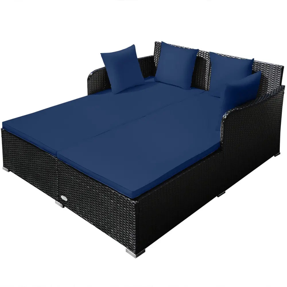 Spacious Outdoor Rattan Daybed with Upholstered Cushions and Pillows-Navy - Navy - Outdoor Sectionals
