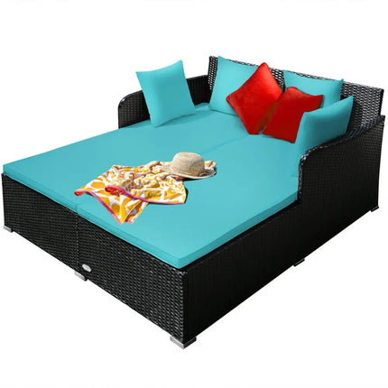 Spacious Outdoor Rattan Daybed with Upholstered Cushions and Pillows-Turquoise - Turquoise - Outdoor Sectionals