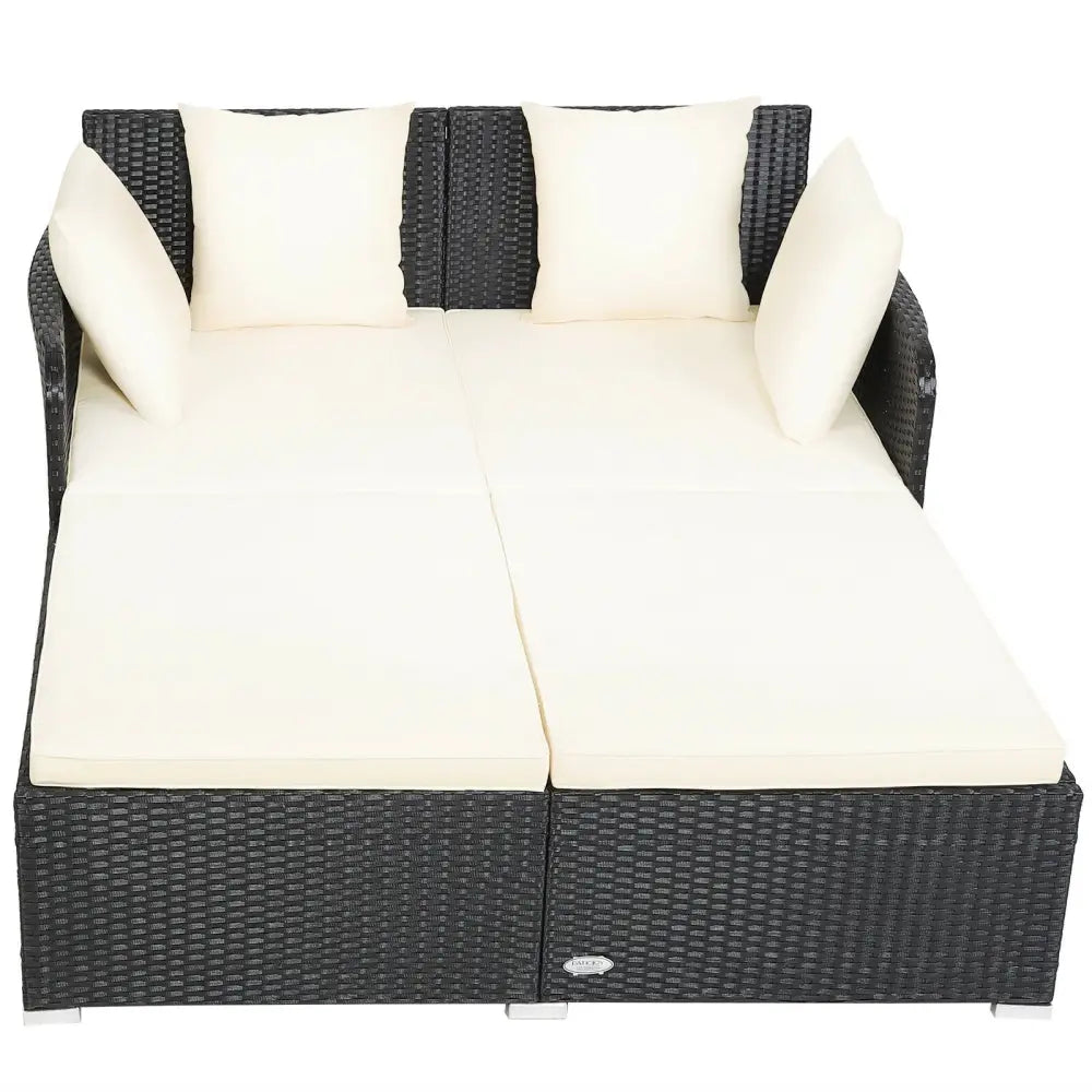 Spacious Outdoor Rattan Daybed with Upholstered Cushions and Pillows-White - White - Outdoor Sectionals