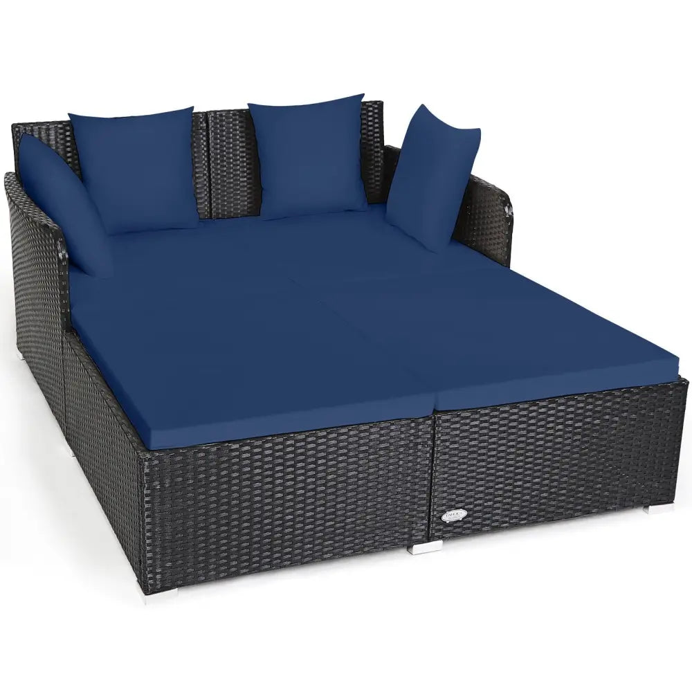 Spacious Outdoor Rattan Daybed with Upholstered Cushions and Pillows-Navy - Navy - Outdoor Sectionals