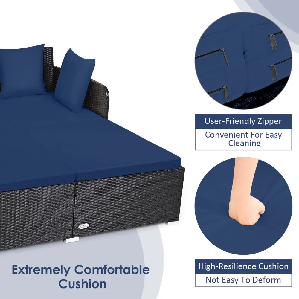 Spacious Outdoor Rattan Daybed with Upholstered Cushions and Pillows-Navy - Navy - Outdoor Sectionals