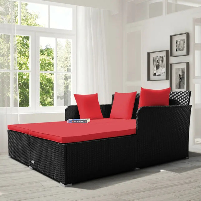Spacious Outdoor Rattan Daybed with Upholstered Cushions and Pillows-Red - Red - Outdoor Sectionals