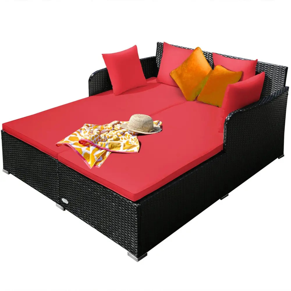Spacious Outdoor Rattan Daybed with Upholstered Cushions and Pillows-Red - Red - Outdoor Sectionals