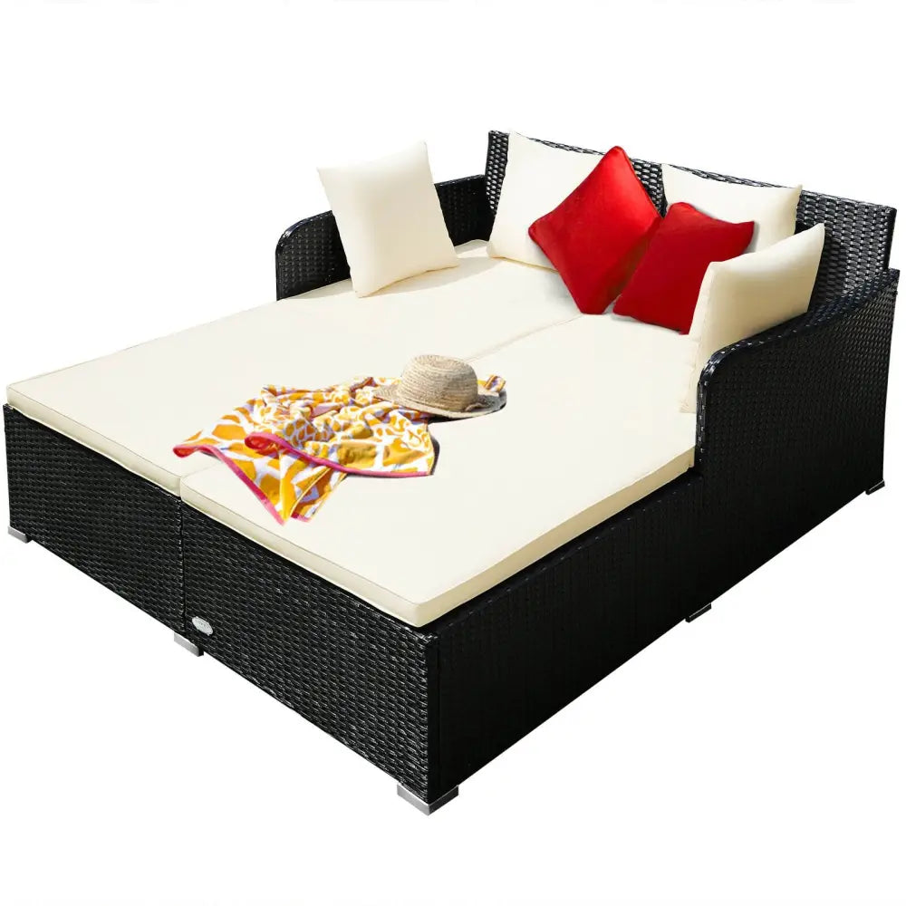 Spacious Outdoor Rattan Daybed with Upholstered Cushions and Pillows-White - White - Outdoor Sectionals