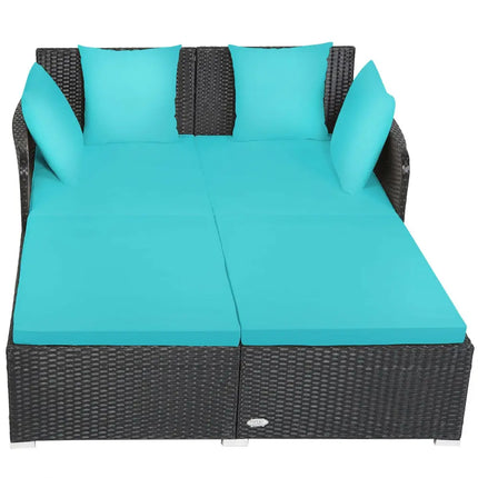 Spacious Outdoor Rattan Daybed with Upholstered Cushions and Pillows-Turquoise - Turquoise - Outdoor Sectionals