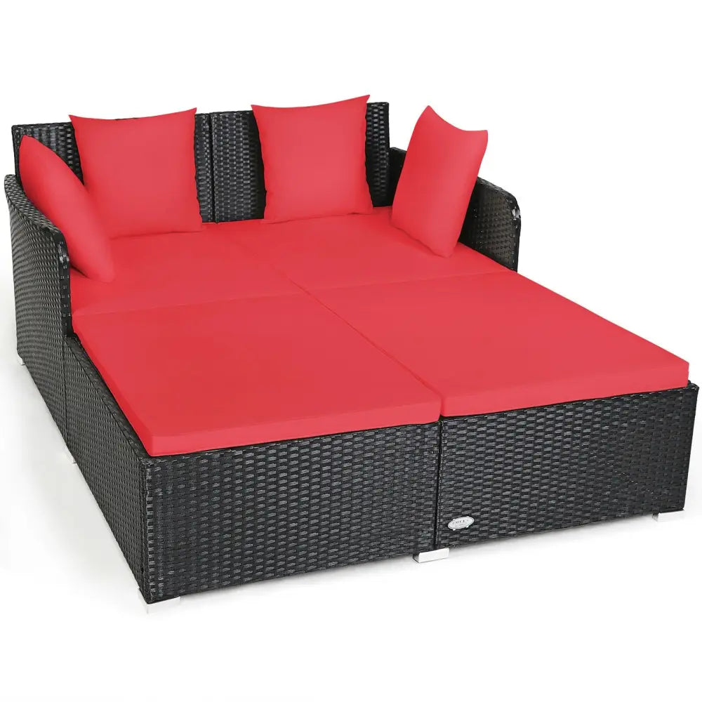 Spacious Outdoor Rattan Daybed with Upholstered Cushions and Pillows-Red - Red - Outdoor Sectionals