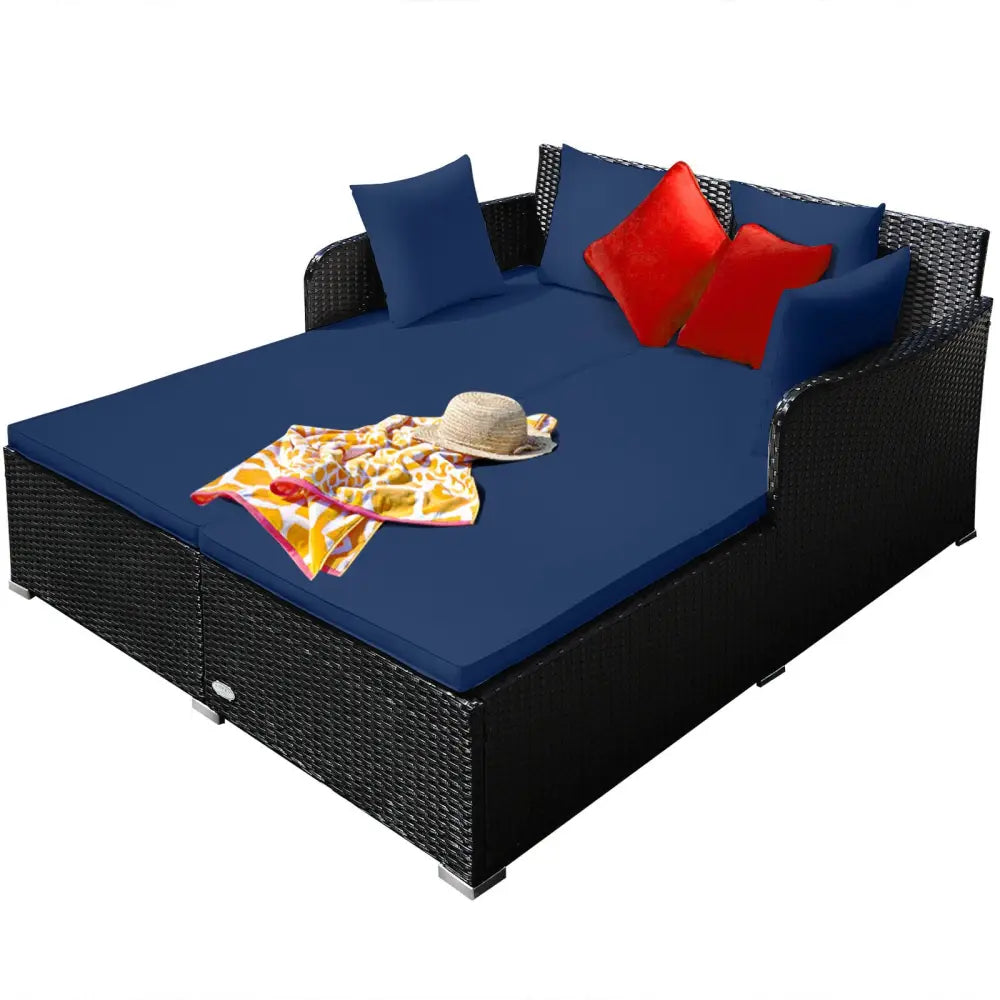 Spacious Outdoor Rattan Daybed with Upholstered Cushions and Pillows-Navy - Navy - Outdoor Sectionals