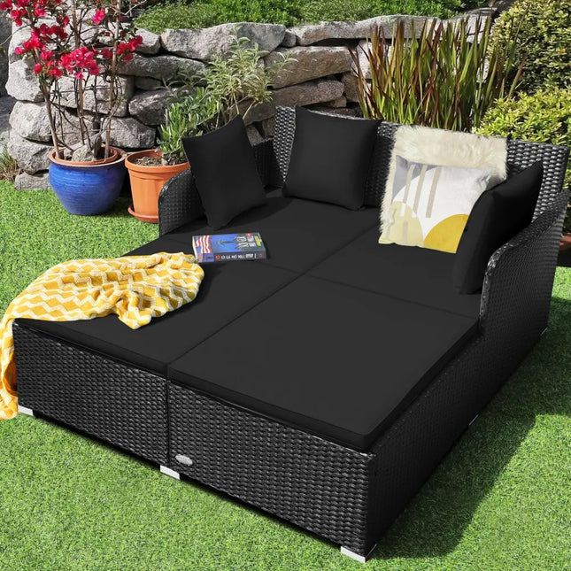 Spacious Outdoor Rattan Daybed with Upholstered Cushions and Pillows-Black - Black - Outdoor Sectionals
