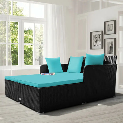 Spacious Outdoor Rattan Daybed with Upholstered Cushions and Pillows-Turquoise - Turquoise - Outdoor Sectionals