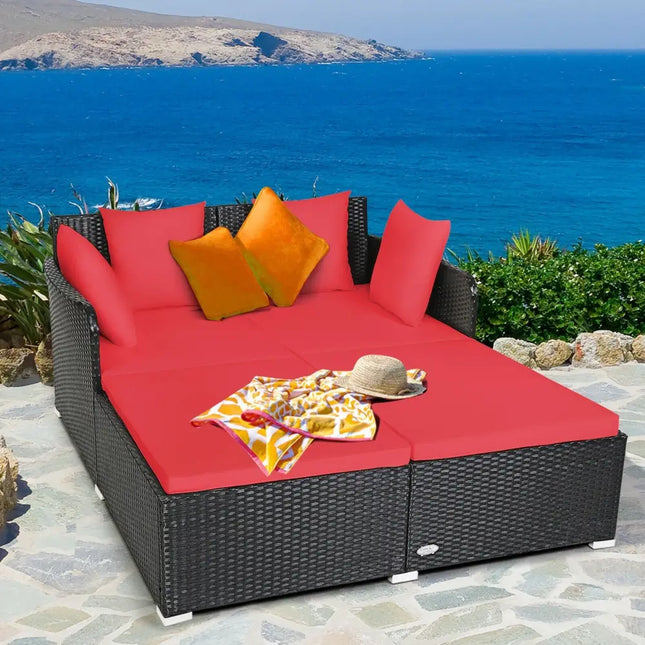 Spacious Outdoor Rattan Daybed with Upholstered Cushions and Pillows-Red - Red - Outdoor Sectionals