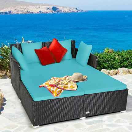 Spacious Outdoor Rattan Daybed with Upholstered Cushions and Pillows-Turquoise - Turquoise - Outdoor Sectionals
