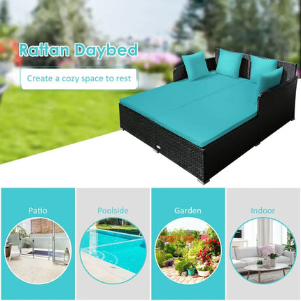Spacious Outdoor Rattan Daybed with Upholstered Cushions and Pillows-Turquoise - Turquoise - Outdoor Sectionals