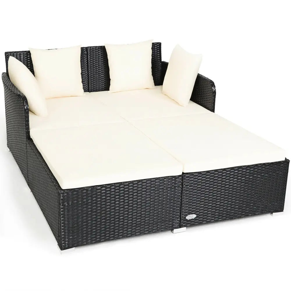 Spacious Outdoor Rattan Daybed with Upholstered Cushions and Pillows-White - White - Outdoor Sectionals