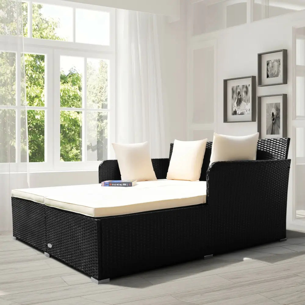 Spacious Outdoor Rattan Daybed with Upholstered Cushions and Pillows-White - White - Outdoor Sectionals