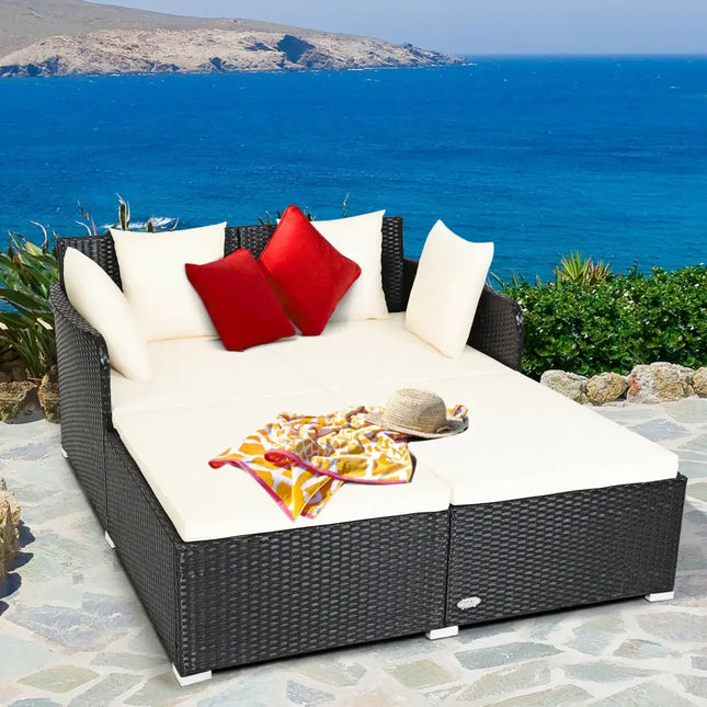Spacious Outdoor Rattan Daybed with Upholstered Cushions and Pillows-White - White - Outdoor Sectionals