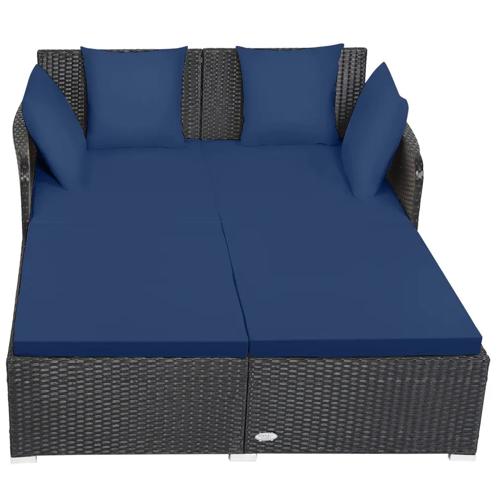 Spacious Outdoor Rattan Daybed with Upholstered Cushions and Pillows-Navy - Navy - Outdoor Sectionals