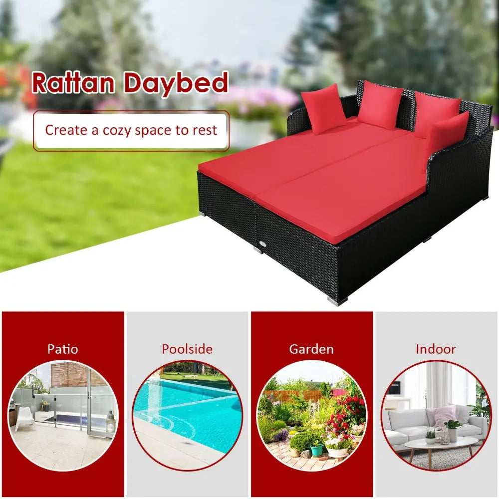 Spacious Outdoor Rattan Daybed with Upholstered Cushions and Pillows-Red - Red - Outdoor Sectionals