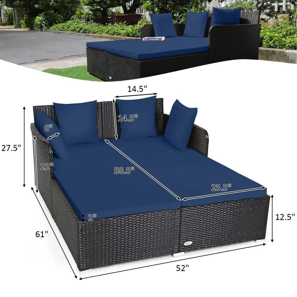 Spacious Outdoor Rattan Daybed with Upholstered Cushions and Pillows-Navy - Navy - Outdoor Sectionals
