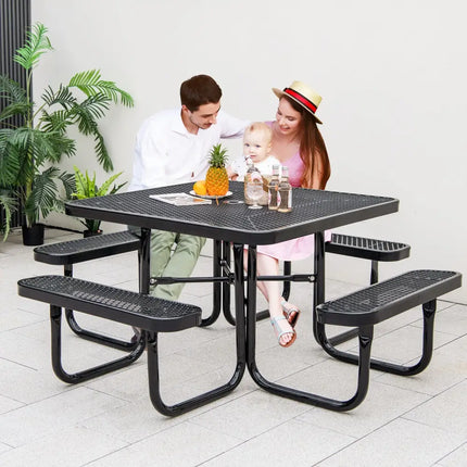 Square Picnic Table and Bench for 8 Person with Seats and Umbrella Hole-Black - Black - Picnic Tables
