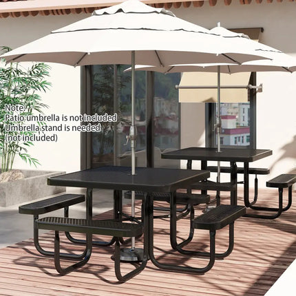 Square Picnic Table and Bench for 8 Person with Seats and Umbrella Hole-Black - Black - Picnic Tables