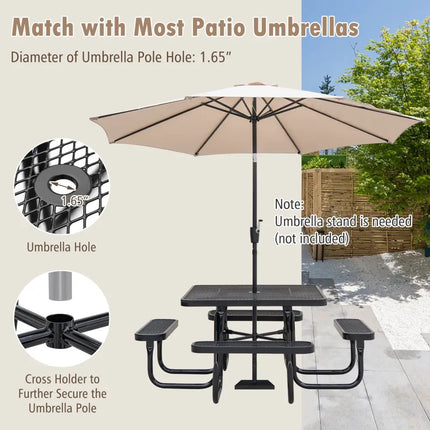 Square Picnic Table and Bench for 8 Person with Seats and Umbrella Hole-Black - Black - Picnic Tables