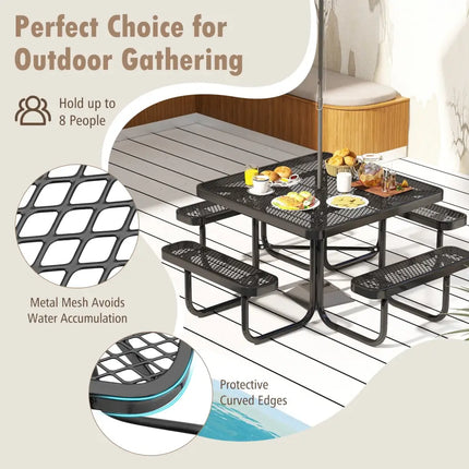 Square Picnic Table and Bench for 8 Person with Seats and Umbrella Hole-Black - Black - Picnic Tables
