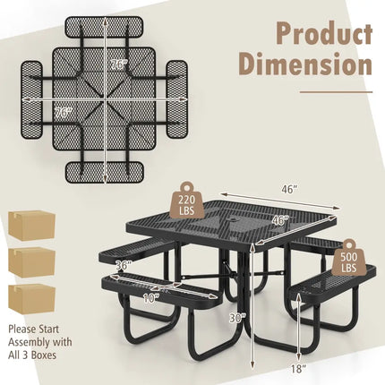 Square Picnic Table and Bench for 8 Person with Seats and Umbrella Hole-Black - Black - Picnic Tables