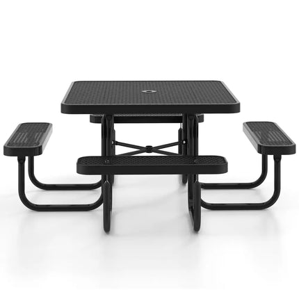 Square Picnic Table and Bench for 8 Person with Seats and Umbrella Hole-Black - Black - Picnic Tables