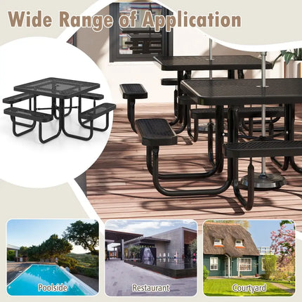Square Picnic Table and Bench for 8 Person with Seats and Umbrella Hole-Black - Black - Picnic Tables
