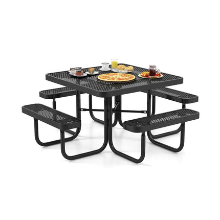 Square Picnic Table and Bench for 8 Person with Seats and Umbrella Hole-Black - Black - Picnic Tables