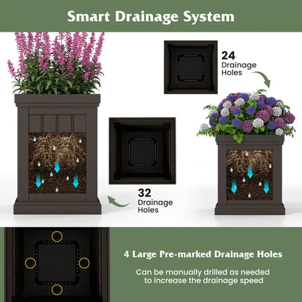 Square Plastic Planters Set of 2 Small Flower Pots with Drainage Holes and Nesting Design-Brown - Brown - Raised Garden