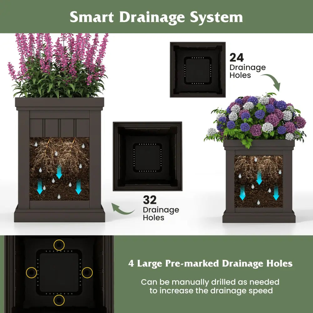 Square Plastic Planters Set of 2 Small Flower Pots with Drainage Holes and Nesting Design-Brown - Brown - Raised Garden