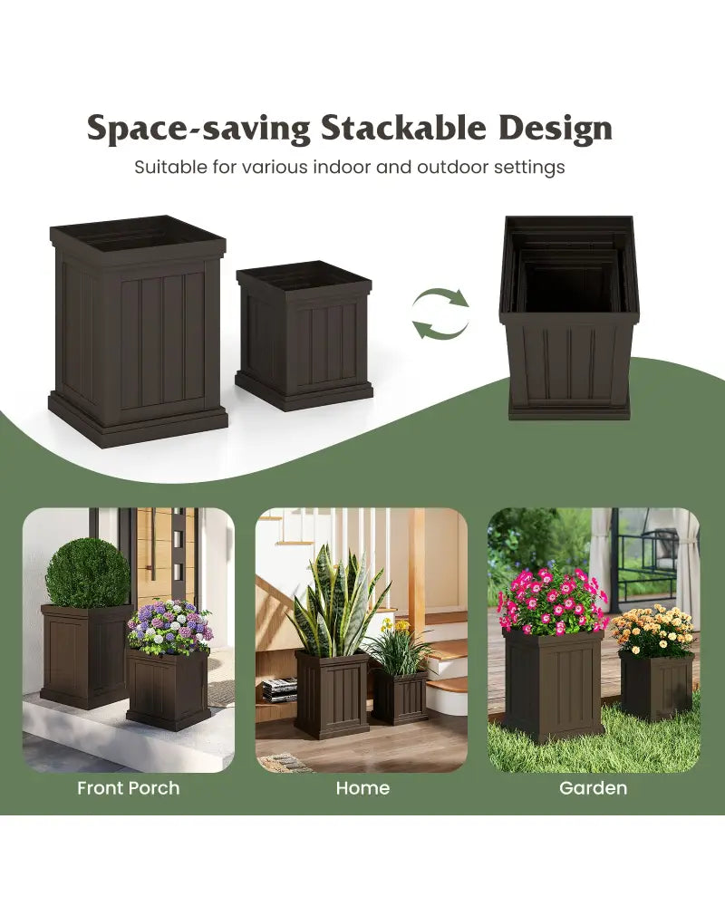 Square Plastic Planters Set of 2 Small Flower Pots with Drainage Holes and Nesting Design-Brown - Brown - Raised Garden