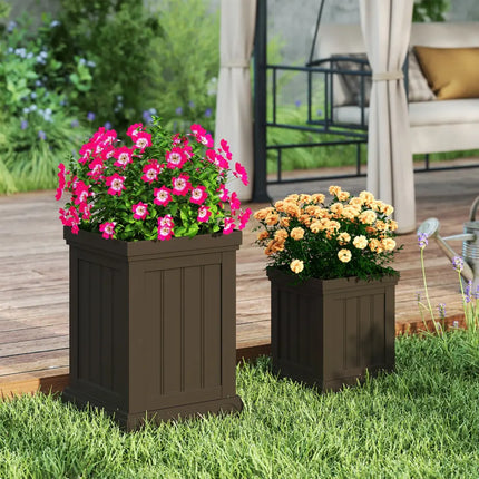 Square Plastic Planters Set of 2 Small Flower Pots with Drainage Holes and Nesting Design-Brown - Brown - Raised Garden