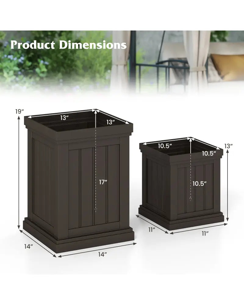 Square Plastic Planters Set of 2 Small Flower Pots with Drainage Holes and Nesting Design-Brown - Brown - Raised Garden