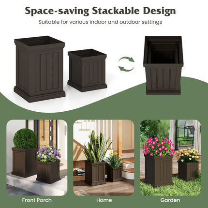 Square Plastic Planters Set of 2 Small Flower Pots with Drainage Holes and Nesting Design-Brown - Brown - Raised Garden