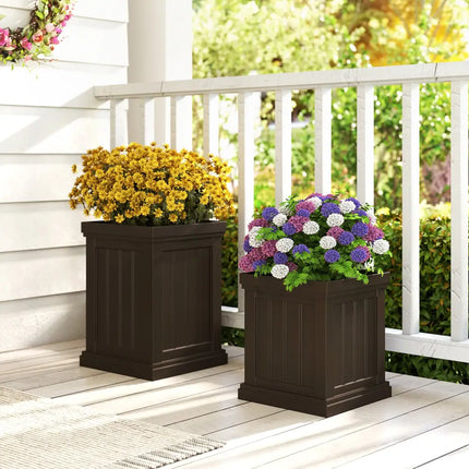 Square Plastic Planters Set of 2 Small Flower Pots with Drainage Holes and Nesting Design-Brown - Brown - Raised Garden