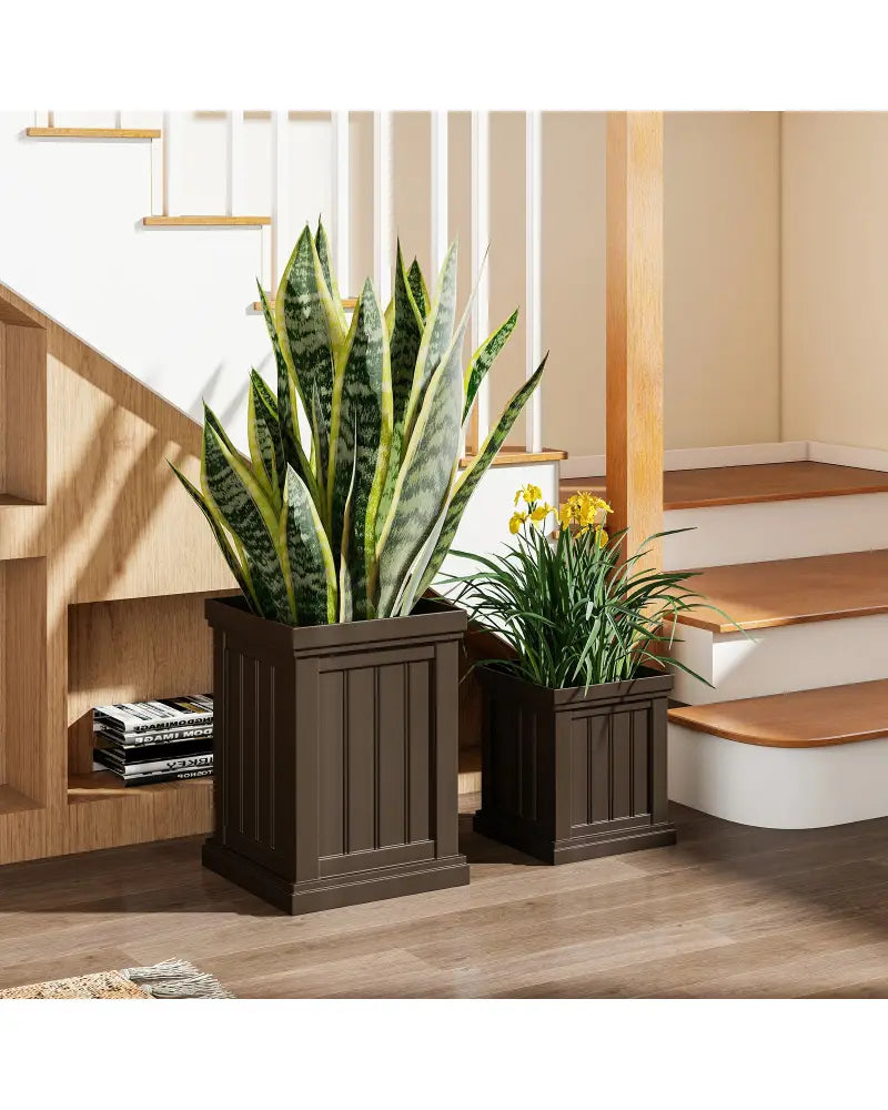 Square Plastic Planters Set of 2 Small Flower Pots with Drainage Holes and Nesting Design-Brown - Brown - Raised Garden