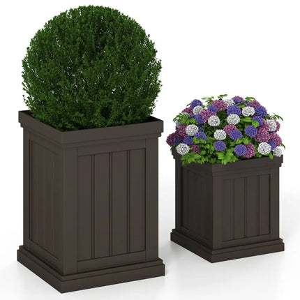Square Plastic Planters Set of 2 Small Flower Pots with Drainage Holes and Nesting Design-Brown - Brown - Raised Garden