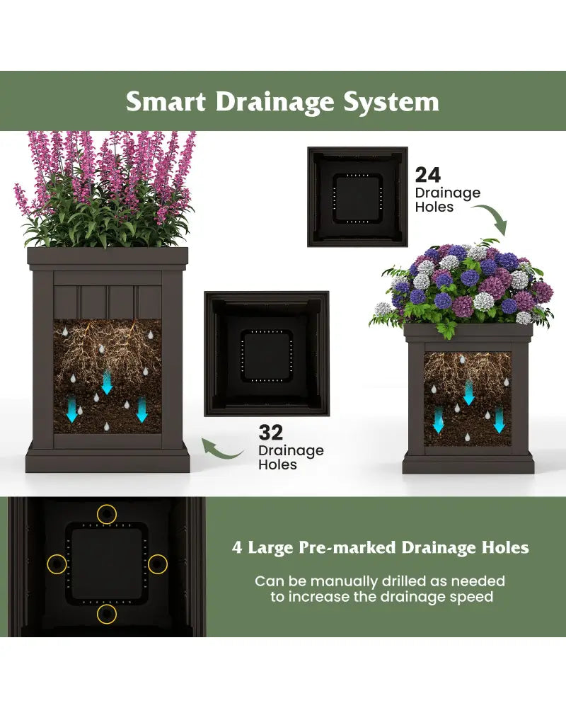 Square Plastic Planters Set of 2 Small Flower Pots with Drainage Holes and Nesting Design-Brown - Brown - Raised Garden
