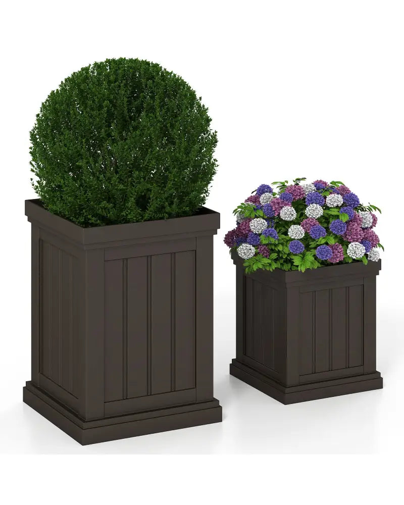 Square Plastic Planters Set of 2 Small Flower Pots with Drainage Holes and Nesting Design-Brown - Brown - Raised Garden