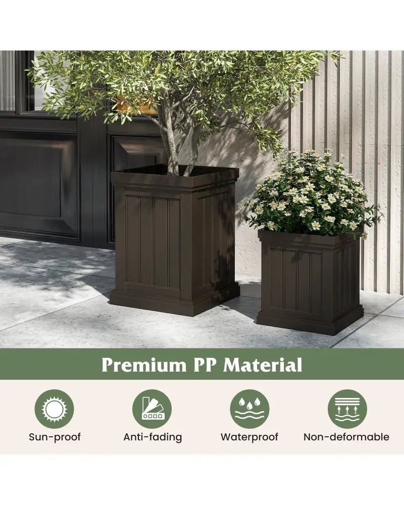 Square Plastic Planters Set of 2 Small Flower Pots with Drainage Holes and Nesting Design-Brown - Brown - Raised Garden