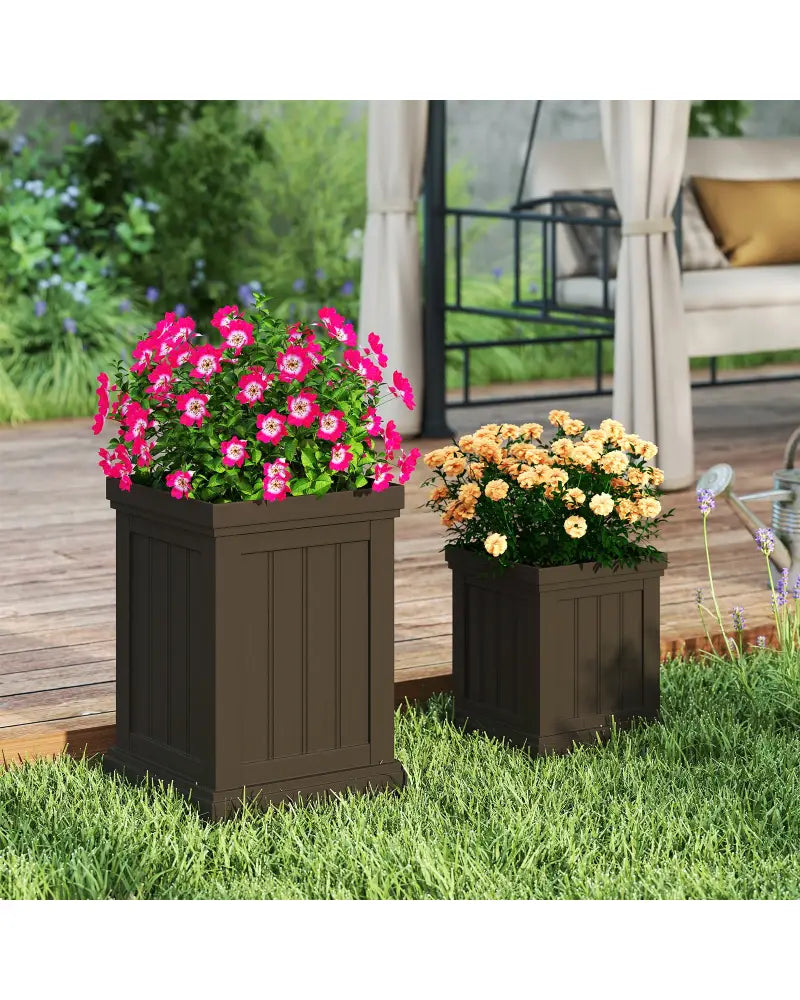 Square Plastic Planters Set of 2 Small Flower Pots with Drainage Holes and Nesting Design-Brown - Brown - Raised Garden