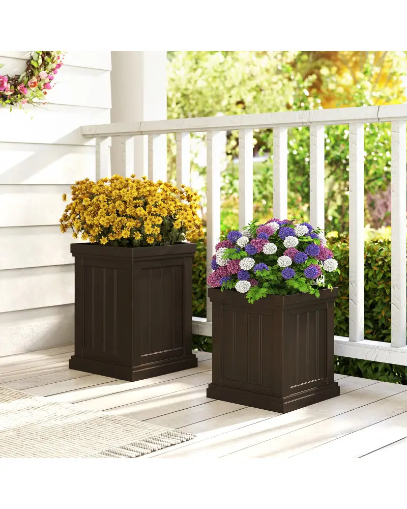 Square Plastic Planters Set of 2 Small Flower Pots with Drainage Holes and Nesting Design-Brown - Brown - Raised Garden