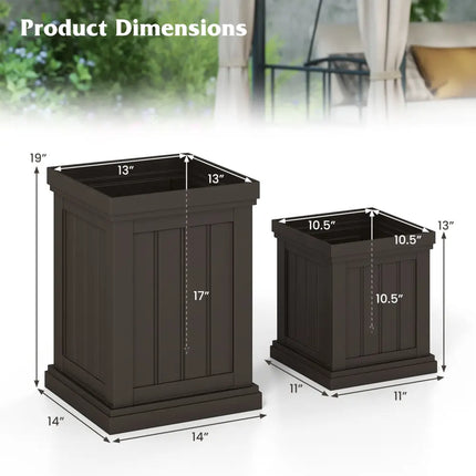 Square Plastic Planters Set of 2 Small Flower Pots with Drainage Holes and Nesting Design-Brown - Brown - Raised Garden