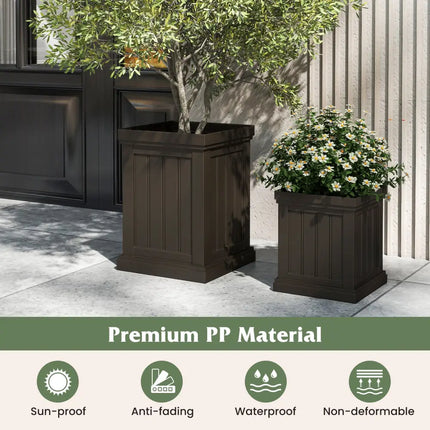 Square Plastic Planters Set of 2 Small Flower Pots with Drainage Holes and Nesting Design-Brown - Brown - Raised Garden